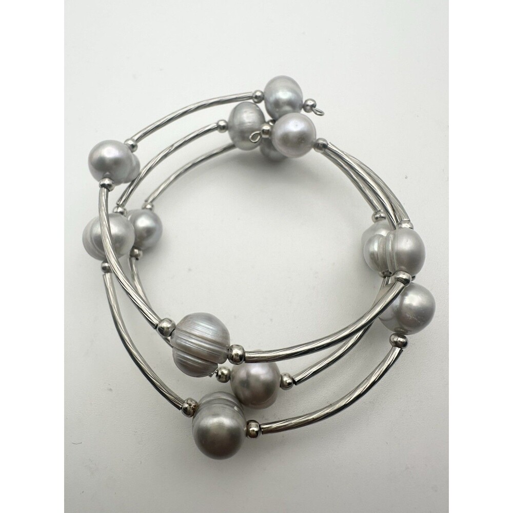 Baroque Freshwater Pearl Wrap Bracelet Memory Wire 3 Row Cuff Silver Tone